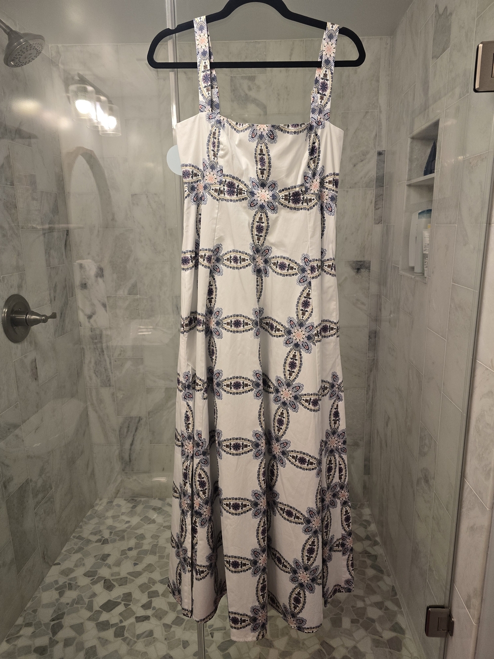 NWT Hill House "Rowena" White Midi Dress with Blue Floral Medallions-small